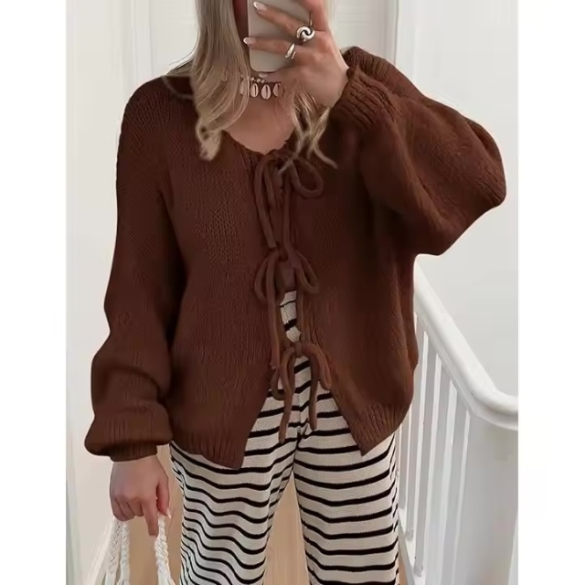 Factory direct-Bohemian Lace-Up Brown Knitted Sweater