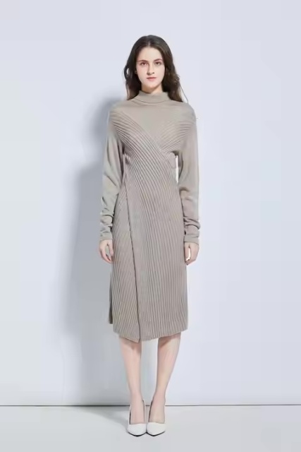 Custom- Elegant Ribbed Knit Turtleneck Midi Dress for Women
