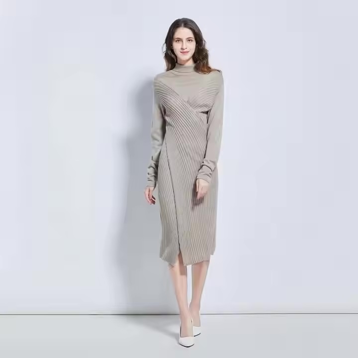 Custom- Elegant Ribbed Knit Turtleneck Midi Dress for Women