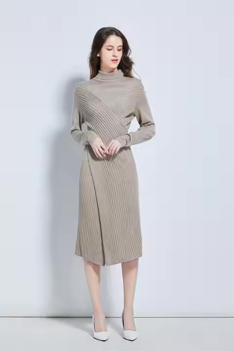 Custom- Elegant Ribbed Knit Turtleneck Midi Dress for Women