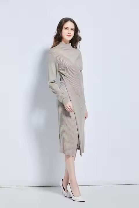 Custom- Elegant Ribbed Knit Turtleneck Midi Dress for Women