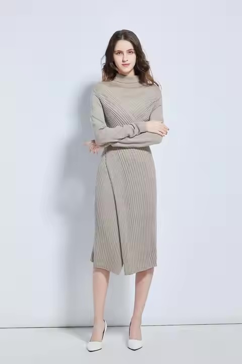 Custom- Elegant Ribbed Knit Turtleneck Midi Dress for Women