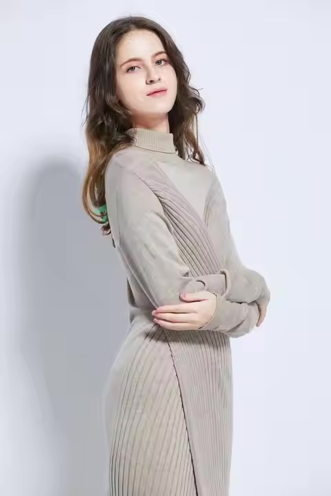 Custom- Elegant Ribbed Knit Turtleneck Midi Dress for Women