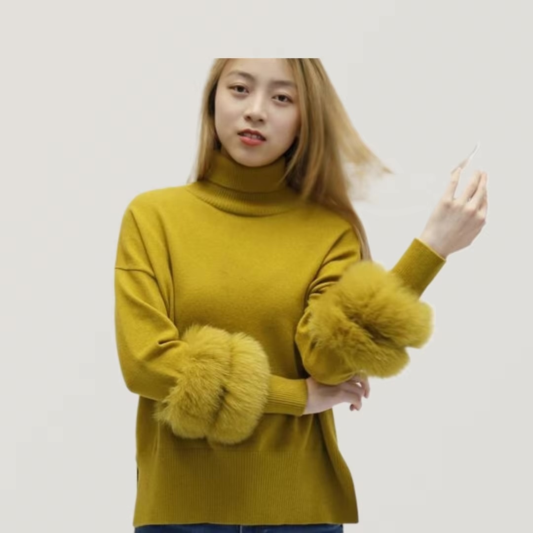 Factory Direct-Chic Turtleneck Knit Sweater with Faux Fur Cuff Detail