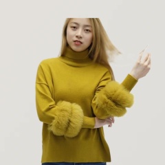 Factory Direct-Chic Turtleneck Knit Sweater with Faux Fur Cuff Detail