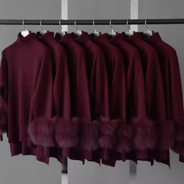 Factory Direct-Chic Turtleneck Knit Sweater with Faux Fur Cuff Detail
