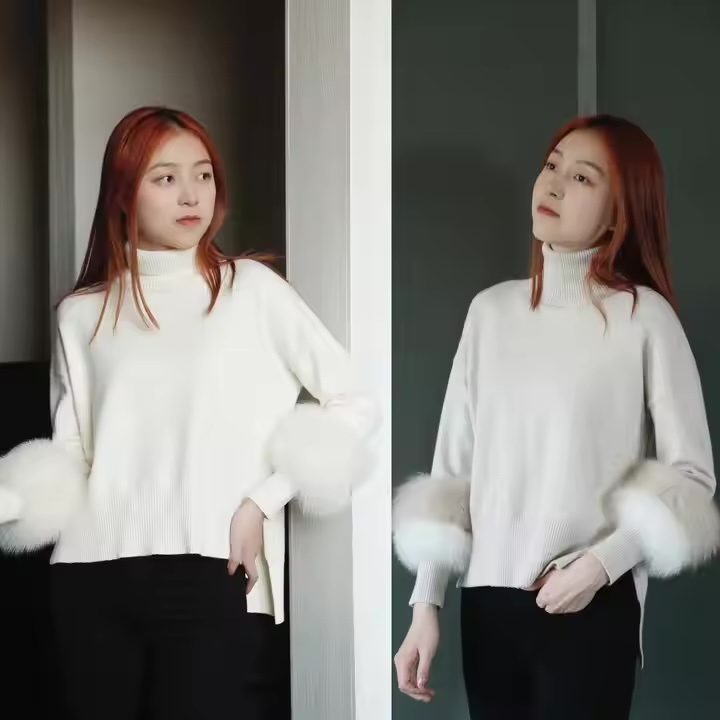 Factory Direct-Chic Turtleneck Knit Sweater with Faux Fur Cuff Detail