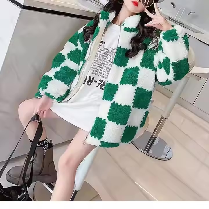 Factory Direct-Trendy Oversized Black and White Checkered Faux Fur Jacket