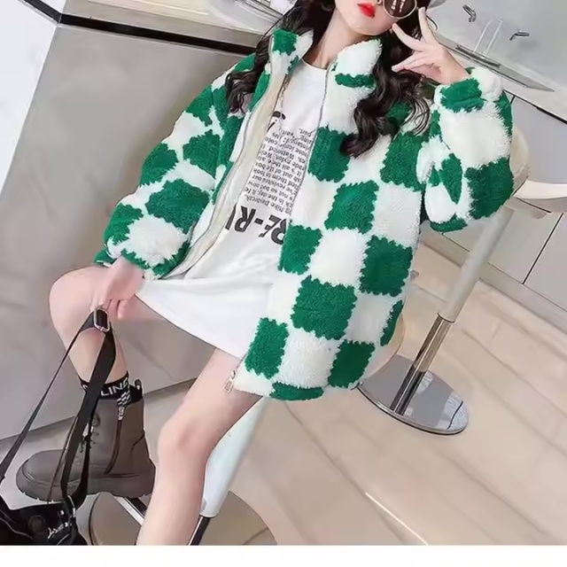 Factory Direct-Trendy Oversized Black and White Checkered Faux Fur Jacket