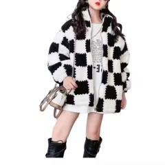 Factory Direct-Trendy Oversized Black and White Checkered Faux Fur Jacket