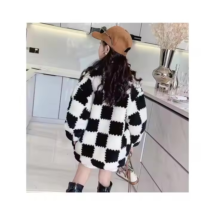 Factory Direct-Trendy Oversized Black and White Checkered Faux Fur Jacket