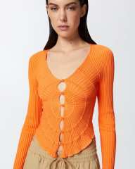 Made-to-order Ribbed Knit Orange Button-Up Top