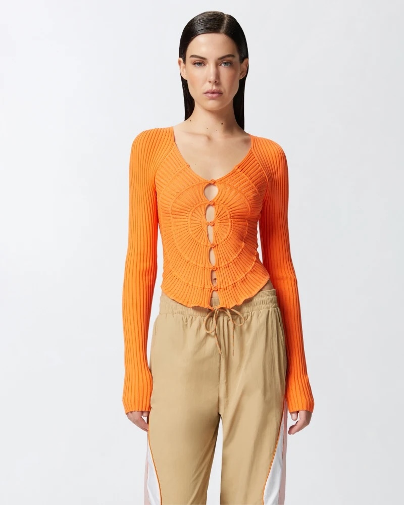 Made-to-order Ribbed Knit Orange Button-Up Top