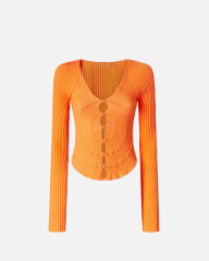 Made-to-order Ribbed Knit Orange Button-Up Top