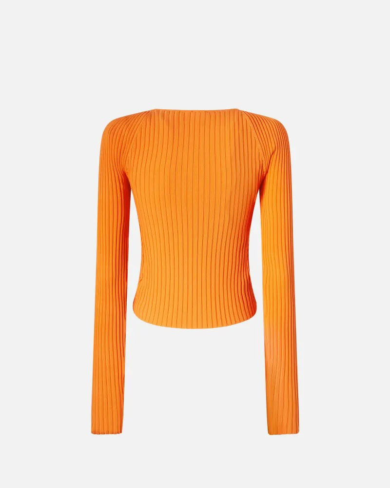 Made-to-order Ribbed Knit Orange Button-Up Top
