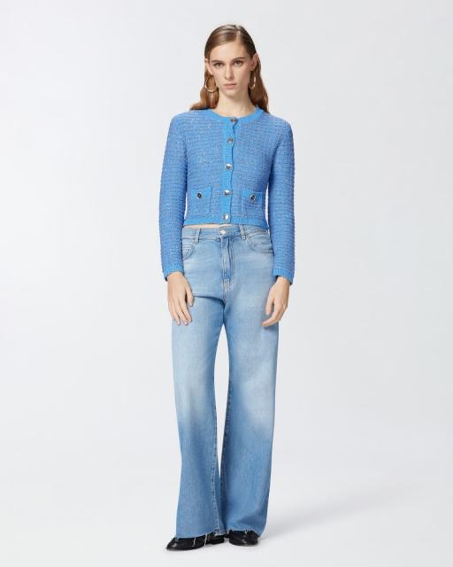 Custom Design Cropped Blue Tweed Cardigan