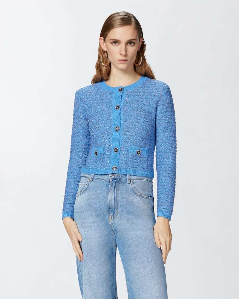 Custom Design Cropped Blue Tweed Cardigan