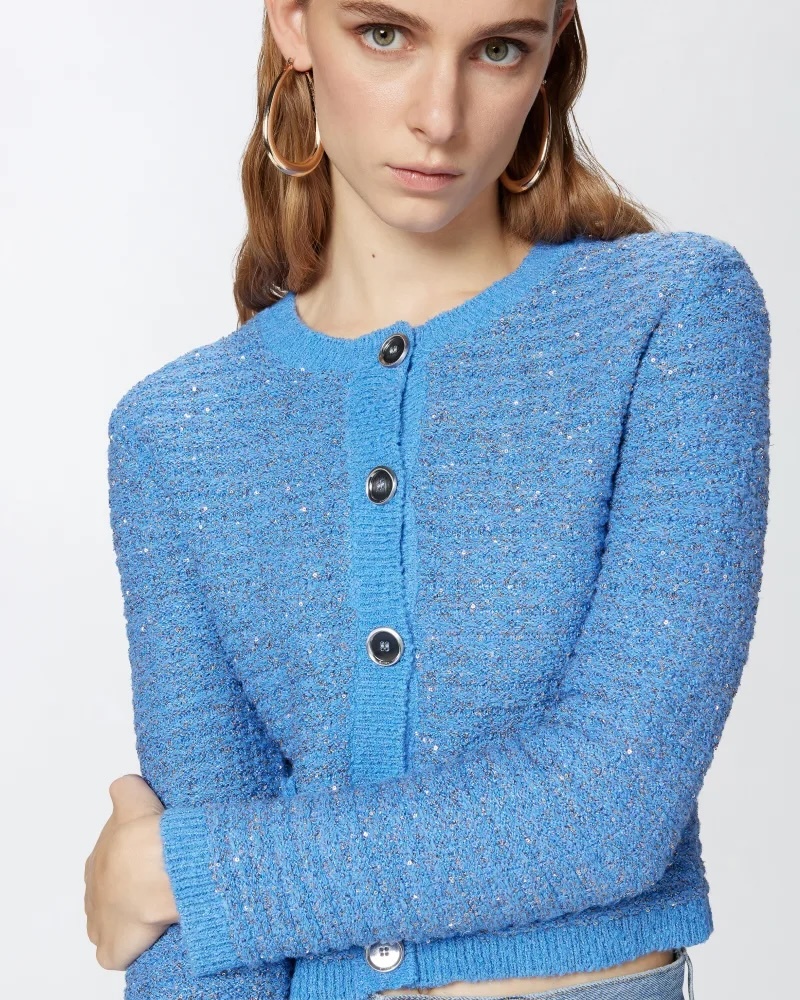 Custom Design Cropped Blue Tweed Cardigan
