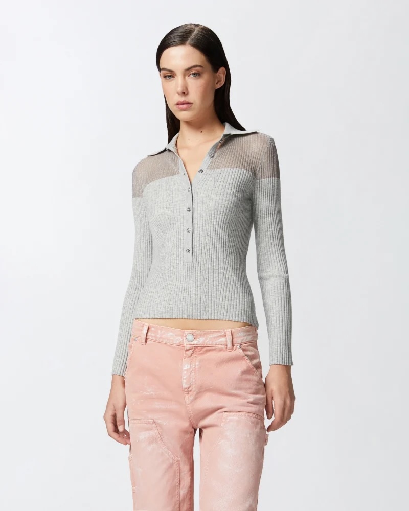 Wholesale Ribbed Button-Up Grey Sweater with Sheer Shoulders