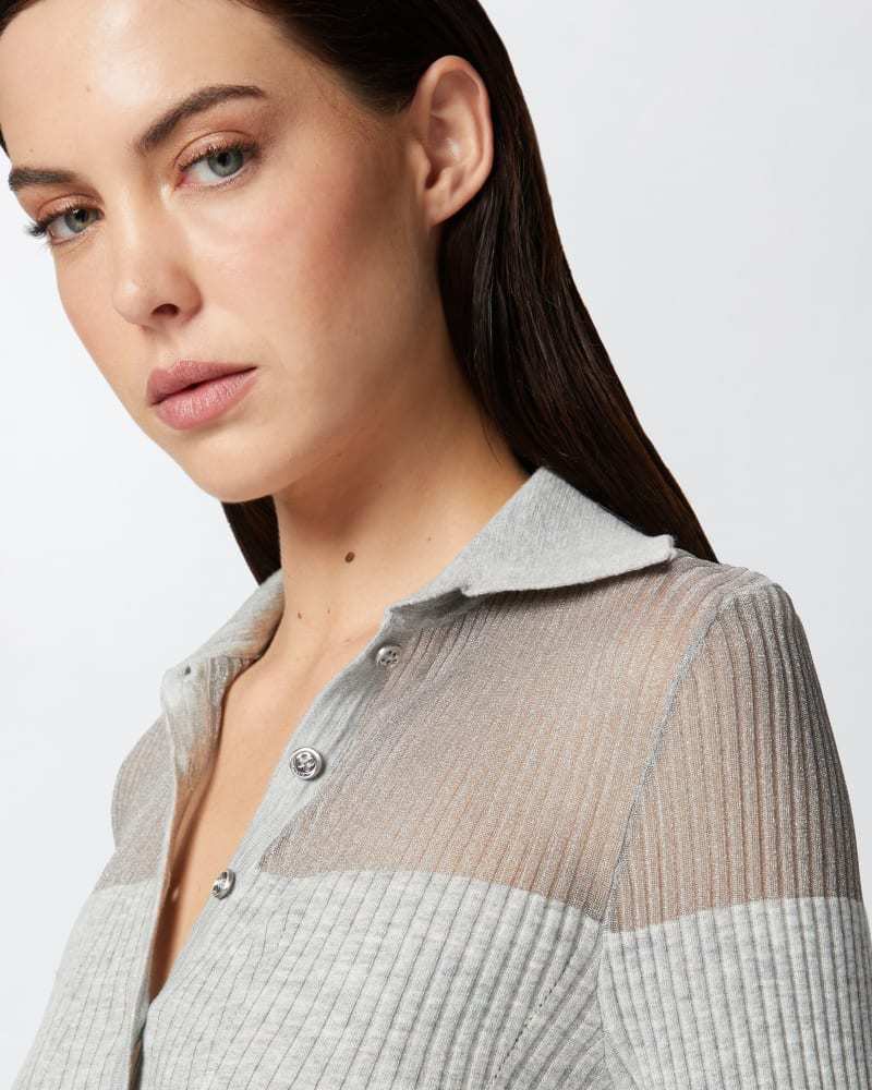 Wholesale Ribbed Button-Up Grey Sweater with Sheer Shoulders