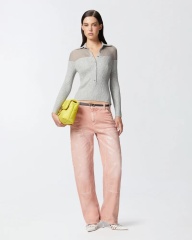 Wholesale Ribbed Button-Up Grey Sweater with Sheer Shoulders