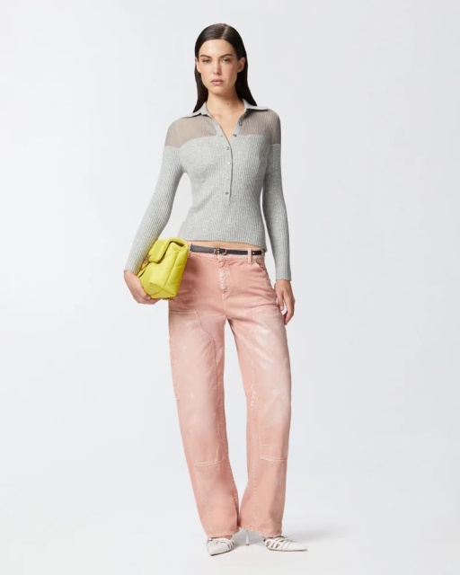 Wholesale Ribbed Button-Up Grey Sweater with Sheer Shoulders