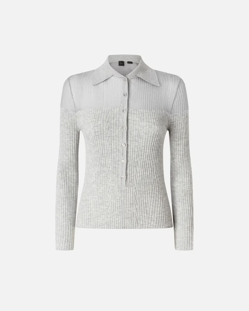 Wholesale Ribbed Button-Up Grey Sweater with Sheer Shoulders