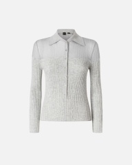 Wholesale Ribbed Button-Up Grey Sweater with Sheer Shoulders