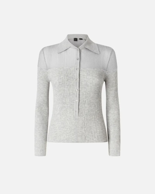 Wholesale Ribbed Button-Up Grey Sweater with Sheer Shoulders