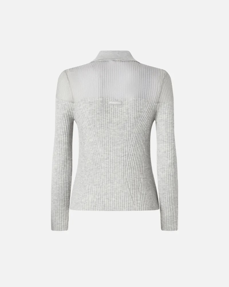 Wholesale Ribbed Button-Up Grey Sweater with Sheer Shoulders