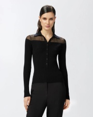 Wholesale Ribbed Button-Up Grey Sweater with Sheer Shoulders