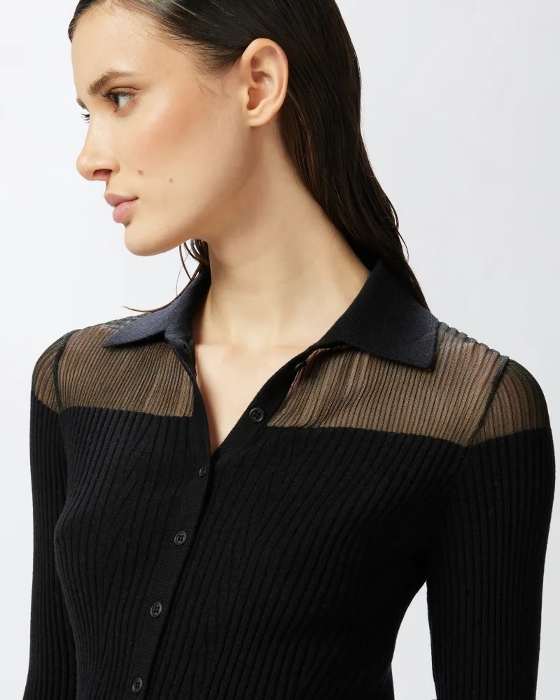 Wholesale Ribbed Button-Up Grey Sweater with Sheer Shoulders