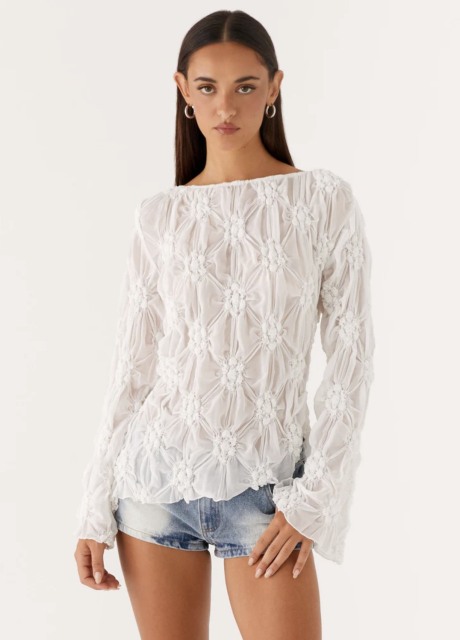 OEM ODM Women's White 3D Floral Textured Sheer Mesh Blouse – Long Sleeve Boho Chic Top