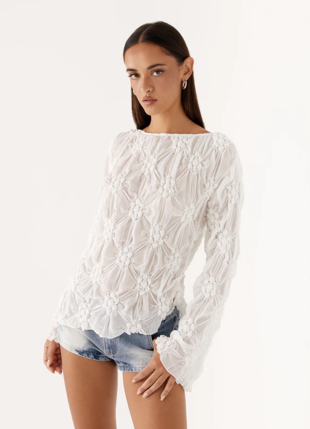 OEM ODM Women's White 3D Floral Textured Sheer Mesh Blouse – Long Sleeve Boho Chic Top