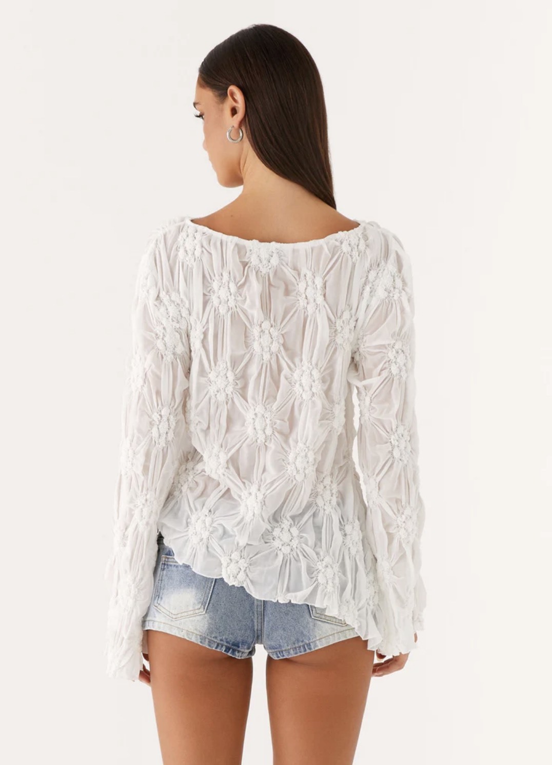 OEM ODM Women's White 3D Floral Textured Sheer Mesh Blouse – Long Sleeve Boho Chic Top