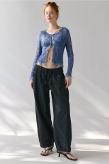 Custom Design Women's Blue Sheer Knit Distressed Hem Cardigan – Long Sleeve One-Button Open Front Top