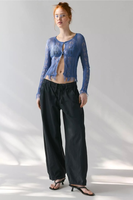 Custom Design Women's Blue Sheer Knit Distressed Hem Cardigan – Long Sleeve One-Button Open Front Top