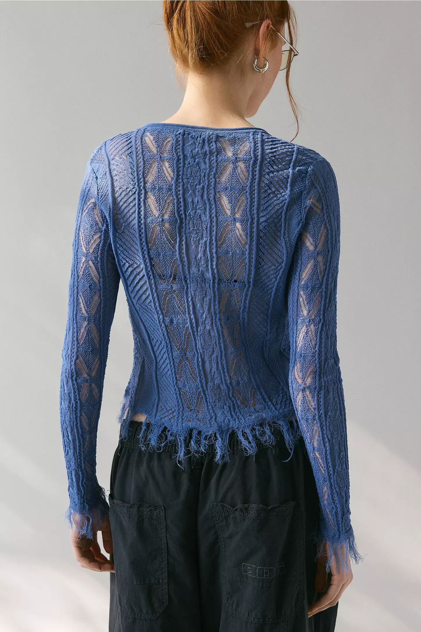 Custom Design Women's Blue Sheer Knit Distressed Hem Cardigan – Long Sleeve One-Button Open Front Top