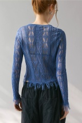Custom Design Women's Blue Sheer Knit Distressed Hem Cardigan – Long Sleeve One-Button Open Front Top
