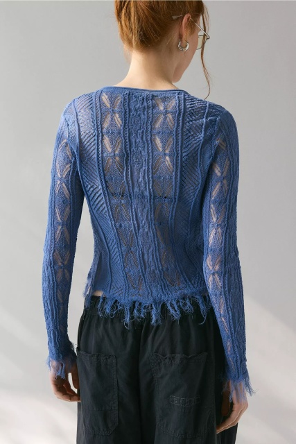 Custom Design Women's Blue Sheer Knit Distressed Hem Cardigan – Long Sleeve One-Button Open Front Top