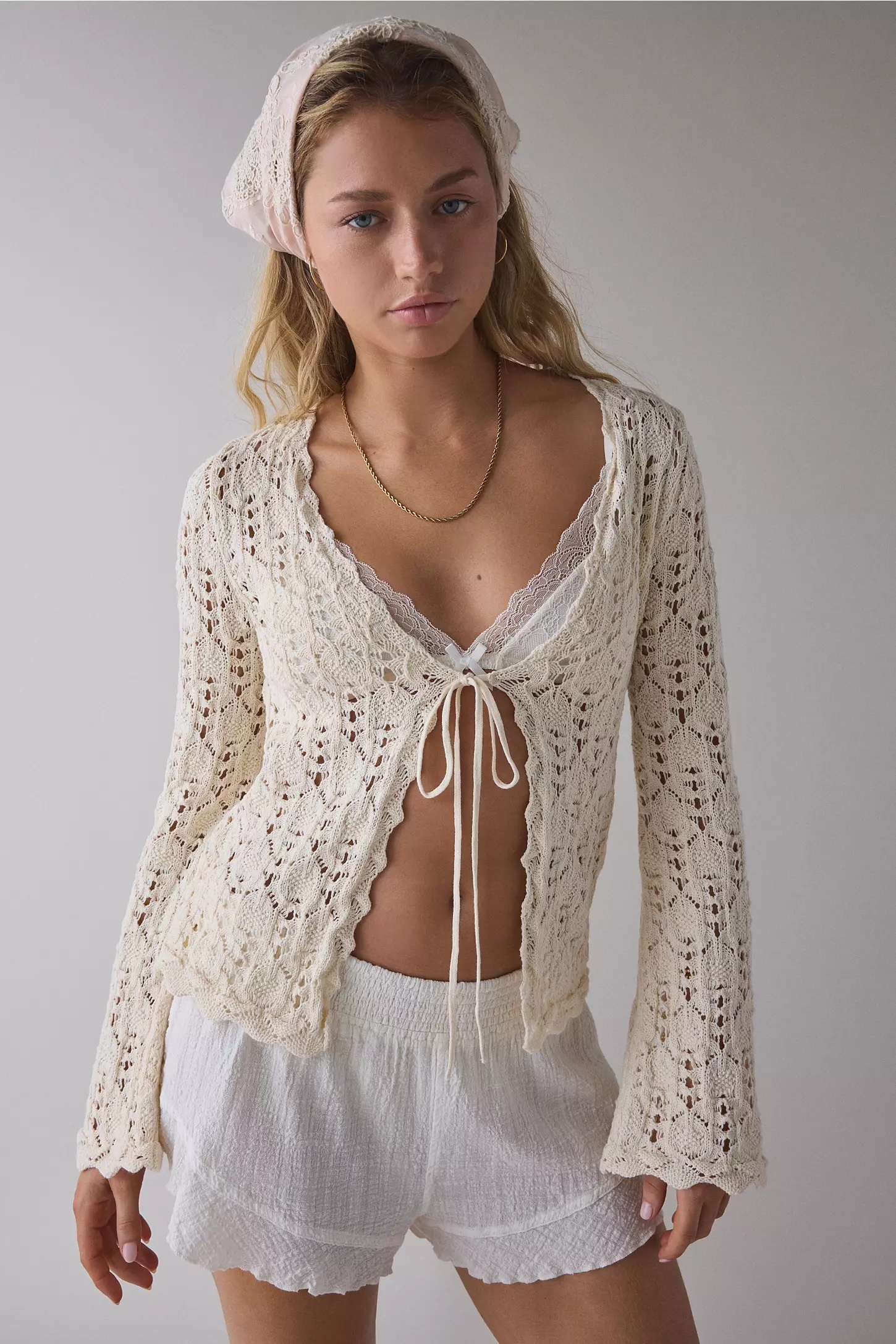 Factory Direct Women's Vintage-Inspired Cream Crochet Lace Tie-Front Cardigan – Long Sleeve Boho Summer Top