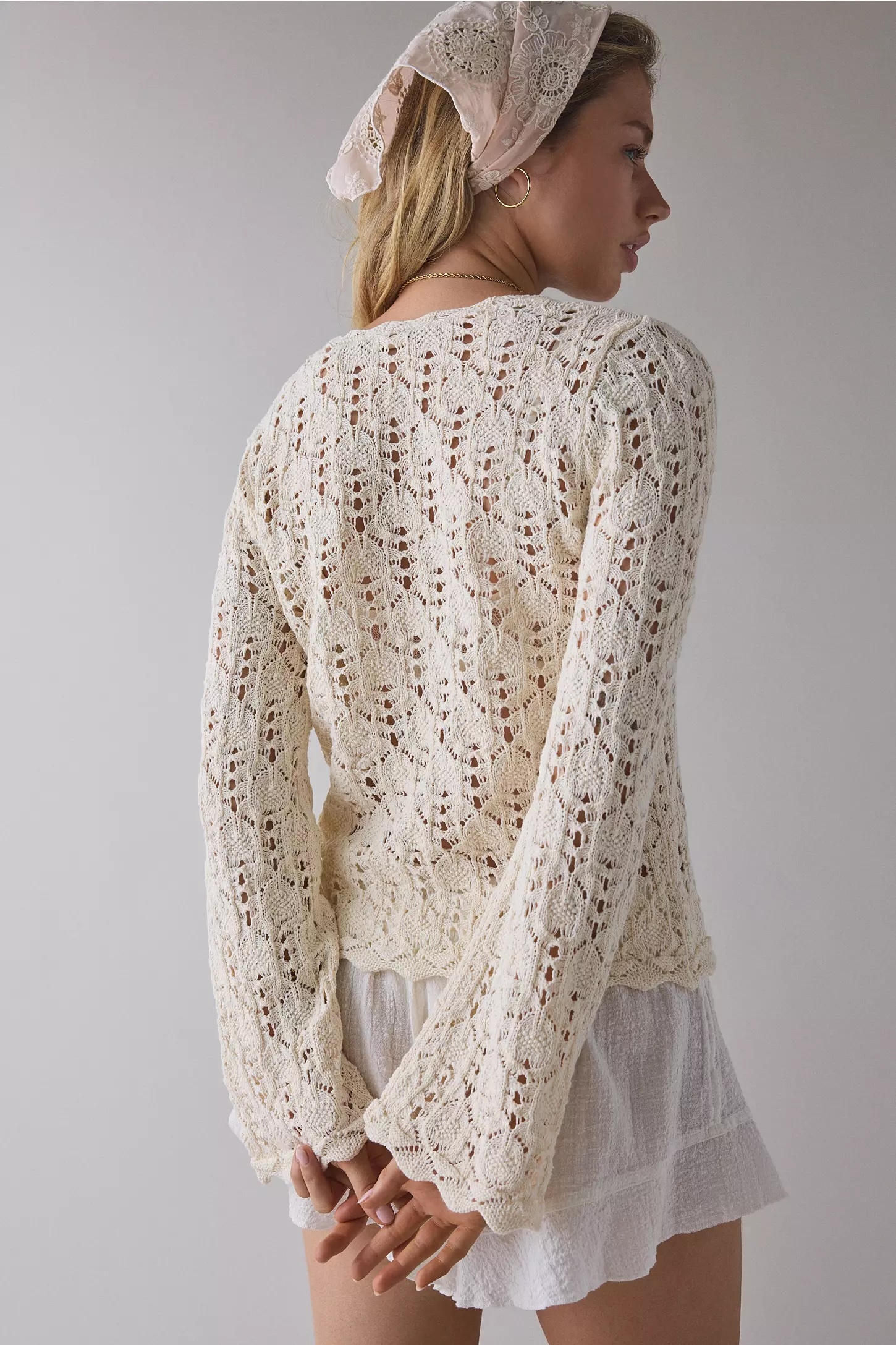 Factory Direct Women's Vintage-Inspired Cream Crochet Lace Tie-Front Cardigan – Long Sleeve Boho Summer Top