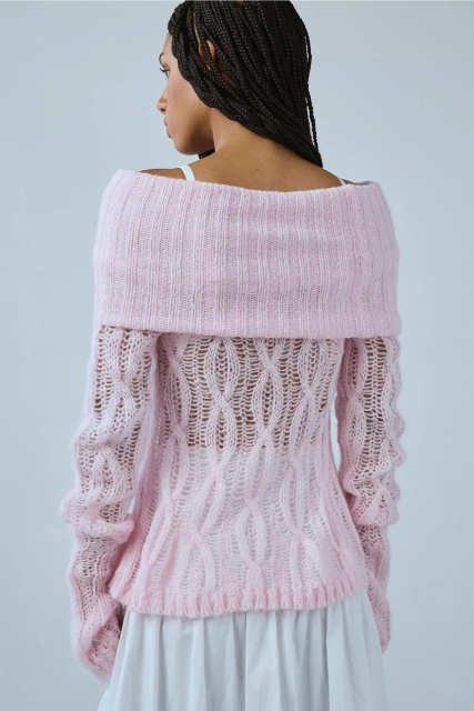 Wholesale Women's Off-Shoulder Light Pink Open-Knit Sweater – Loose Fit Soft Mohair-Blend Pullover