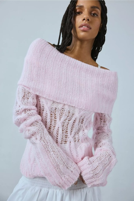 Wholesale Women's Off-Shoulder Light Pink Open-Knit Sweater – Loose Fit Soft Mohair-Blend Pullover