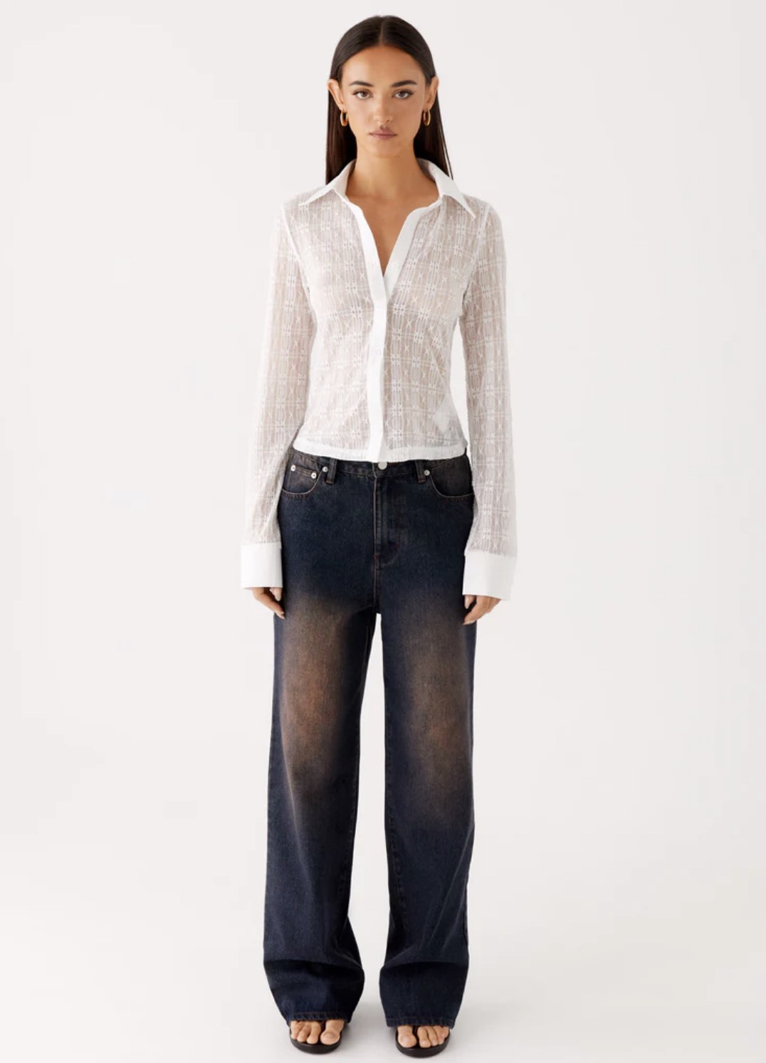 Personalized Women's White Sheer Geometric Lace Button-Down Blouse – Long Sleeve Classic Collar Shirt