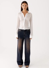 Personalized Women's White Sheer Geometric Lace Button-Down Blouse – Long Sleeve Classic Collar Shirt