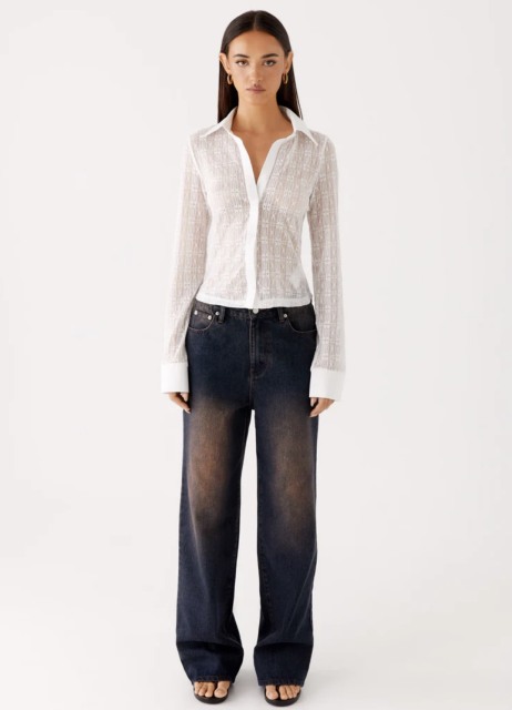 Personalized Women's White Sheer Geometric Lace Button-Down Blouse – Long Sleeve Classic Collar Shirt