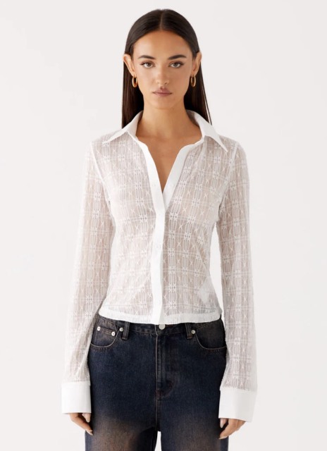 Personalized Women's White Sheer Geometric Lace Button-Down Blouse – Long Sleeve Classic Collar Shirt