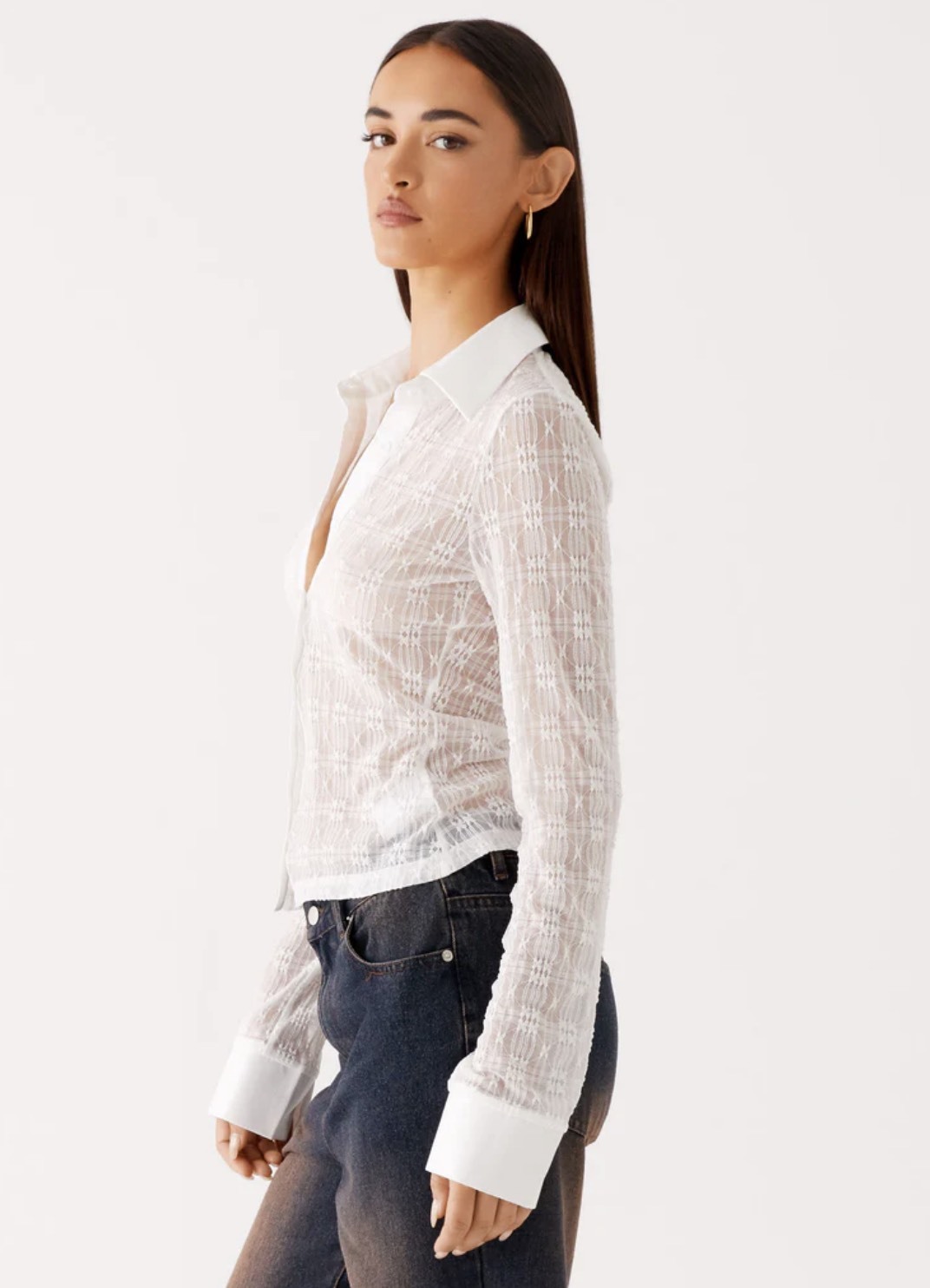 Personalized Women's White Sheer Geometric Lace Button-Down Blouse – Long Sleeve Classic Collar Shirt