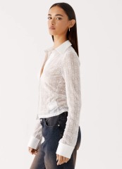 Personalized Women's White Sheer Geometric Lace Button-Down Blouse – Long Sleeve Classic Collar Shirt